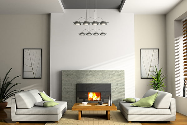 Modern hall with LED lighting and sofas